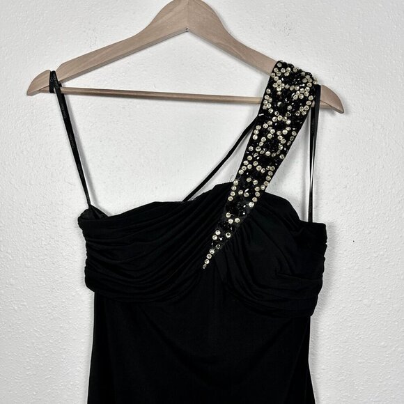 Calvin Klein Vintage 90's Y2K black one shoulder ruched babydoll mini dress Sz:6 - Picture 3 of 15